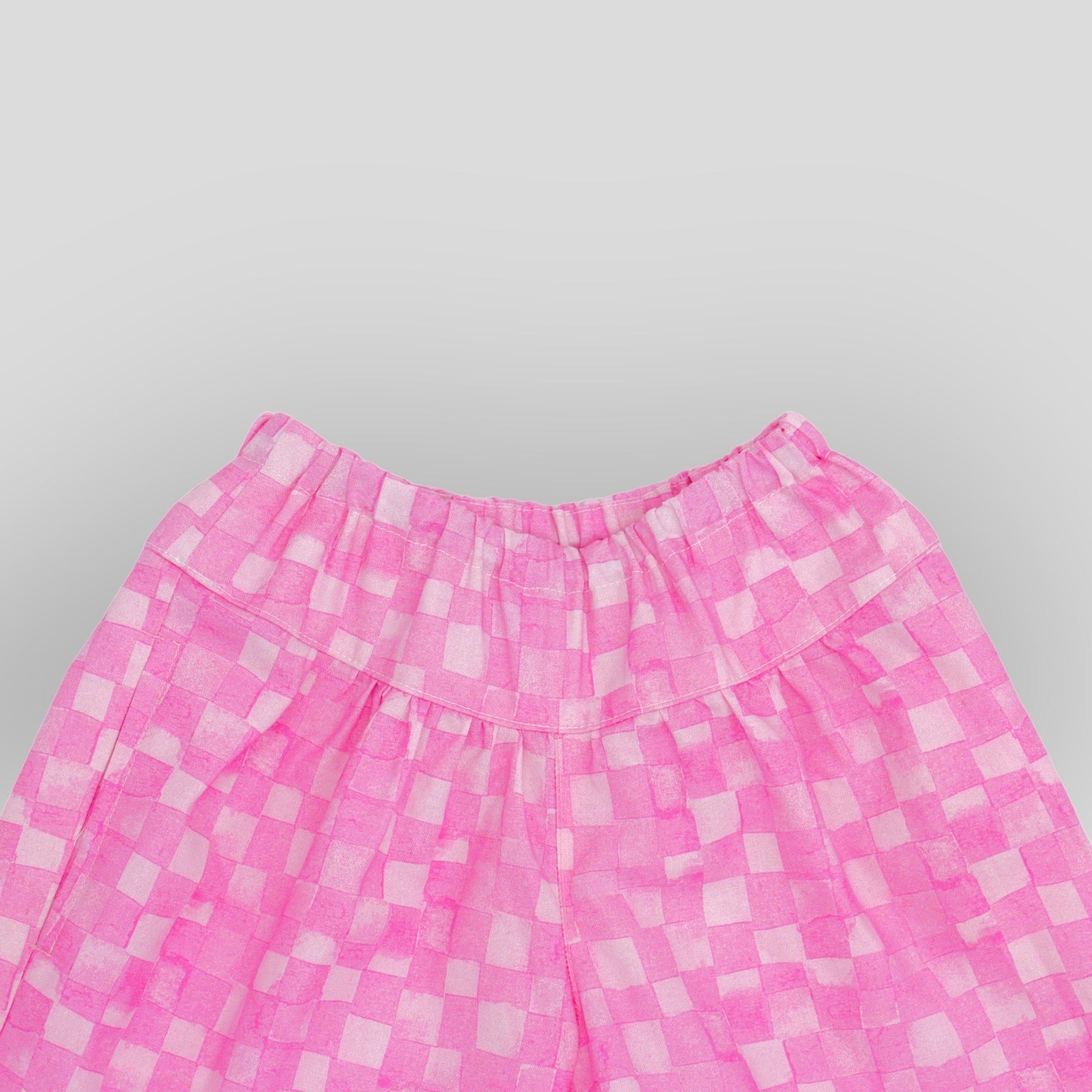 OEKO-TEX Certified Soft Cotton Pink Checkerboard Culotte Pants. Detail view.