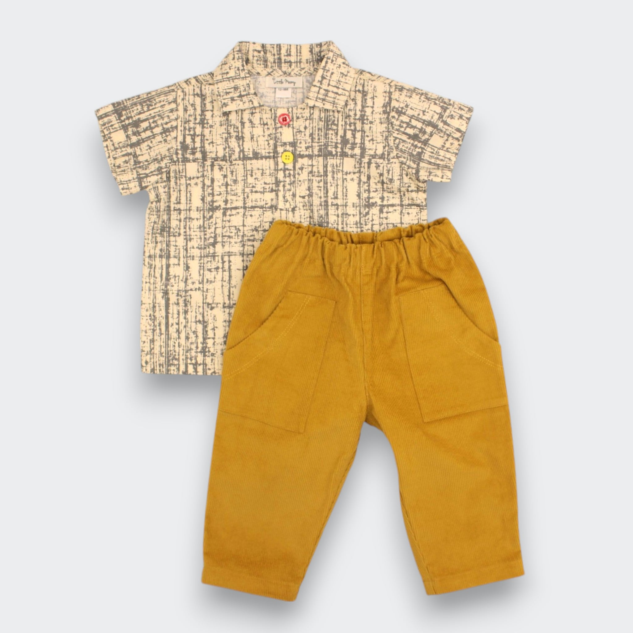 Cider Yellow corduroy pants paired with beige crosshatch polo shirt.