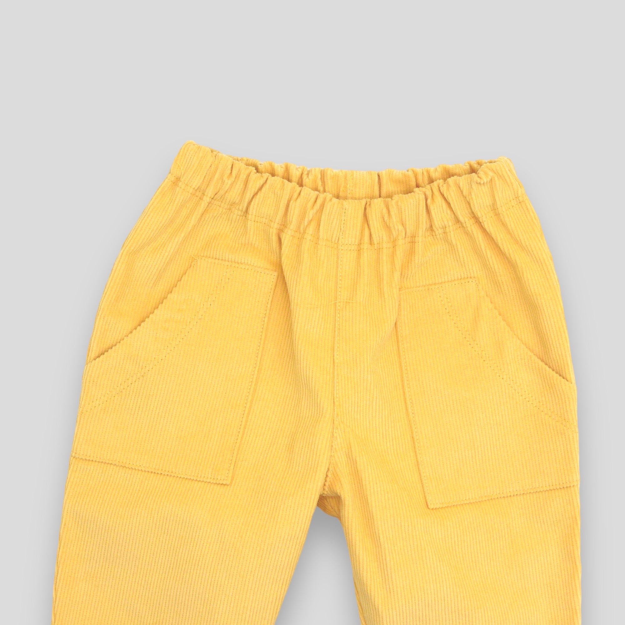 Kids' and Baby Cotton Corduroy Pants - Buttercup Yellow with Front Pocket. Detail view of front pockets.