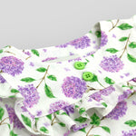 OEKO-TEX Certified Cotton Ruffle Dress - Ivory/Lilac Floral for Babies and Kids. Detail view of buttons.
