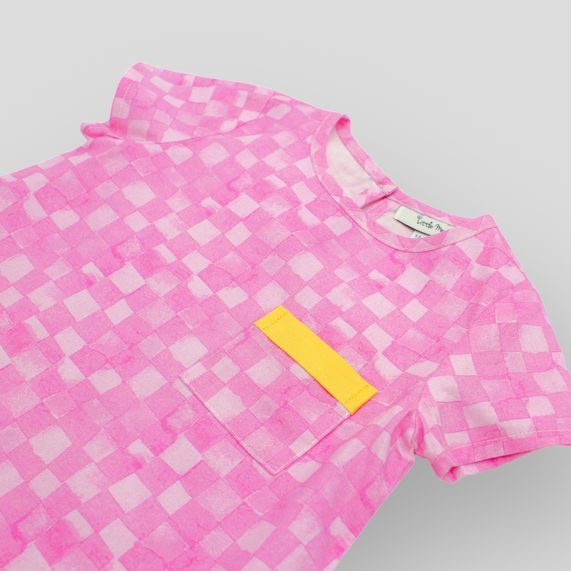 Trapeze Dress in Pink Checkerboard - Detail View Front Pocket