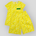 Yellow Checkerboard Trapeze Dress in OEKO-TEX Certified Cotton. Shown with matching pants.