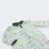Striped baby romper with green accents on a light gray background