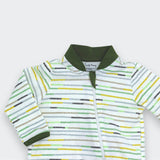 Children's striped shirt with green collar on a white background