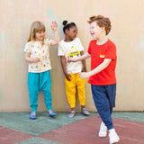boy wearing red tee and sea blue jogger