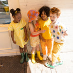 Babies' and Kids' Cargo Style Cotton Trousers, Checker in Pink and Lemonade Yellow