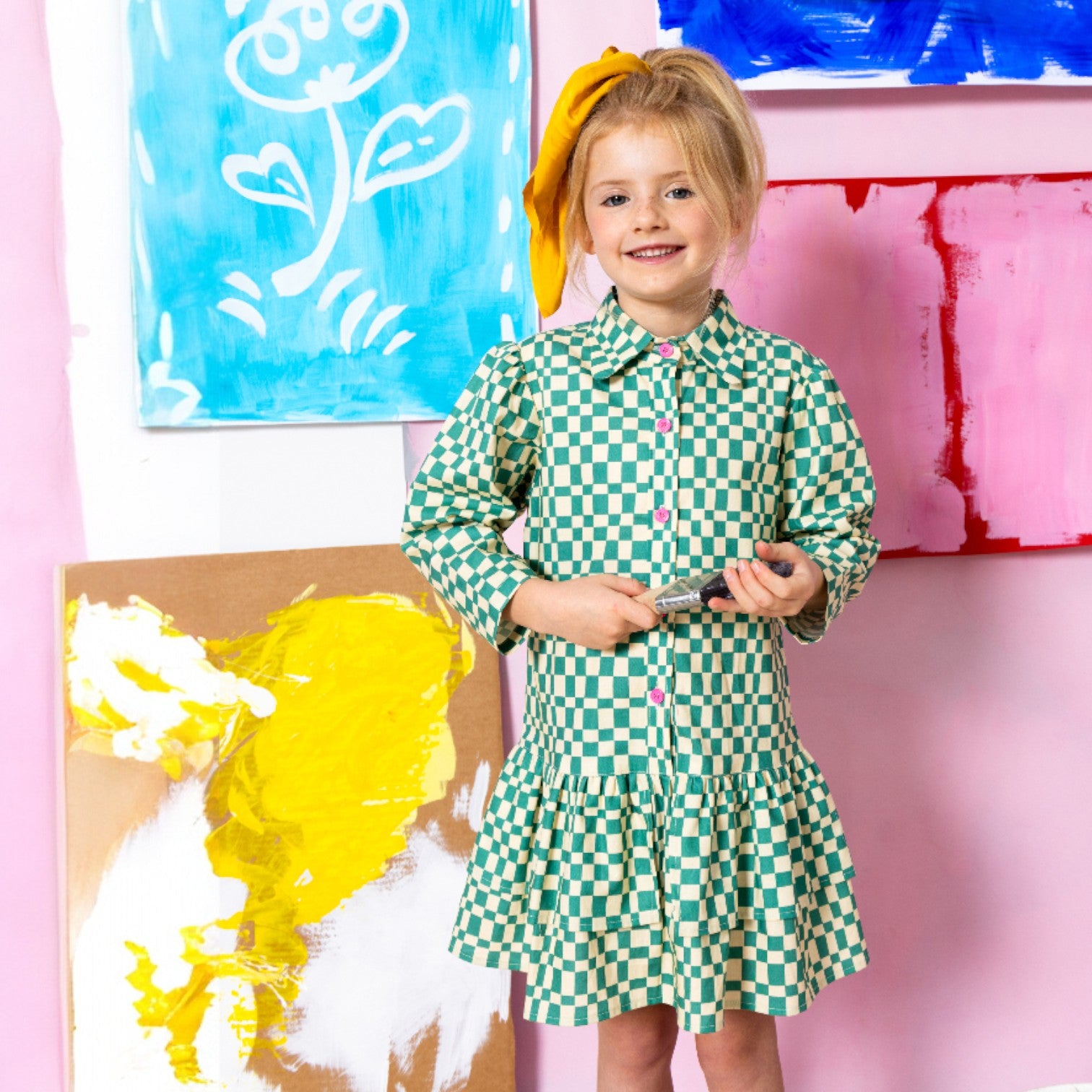Wavy Check Tiered Shirt Dress Little Moony Wavy Check Tiered Shirt Dress Little Moony