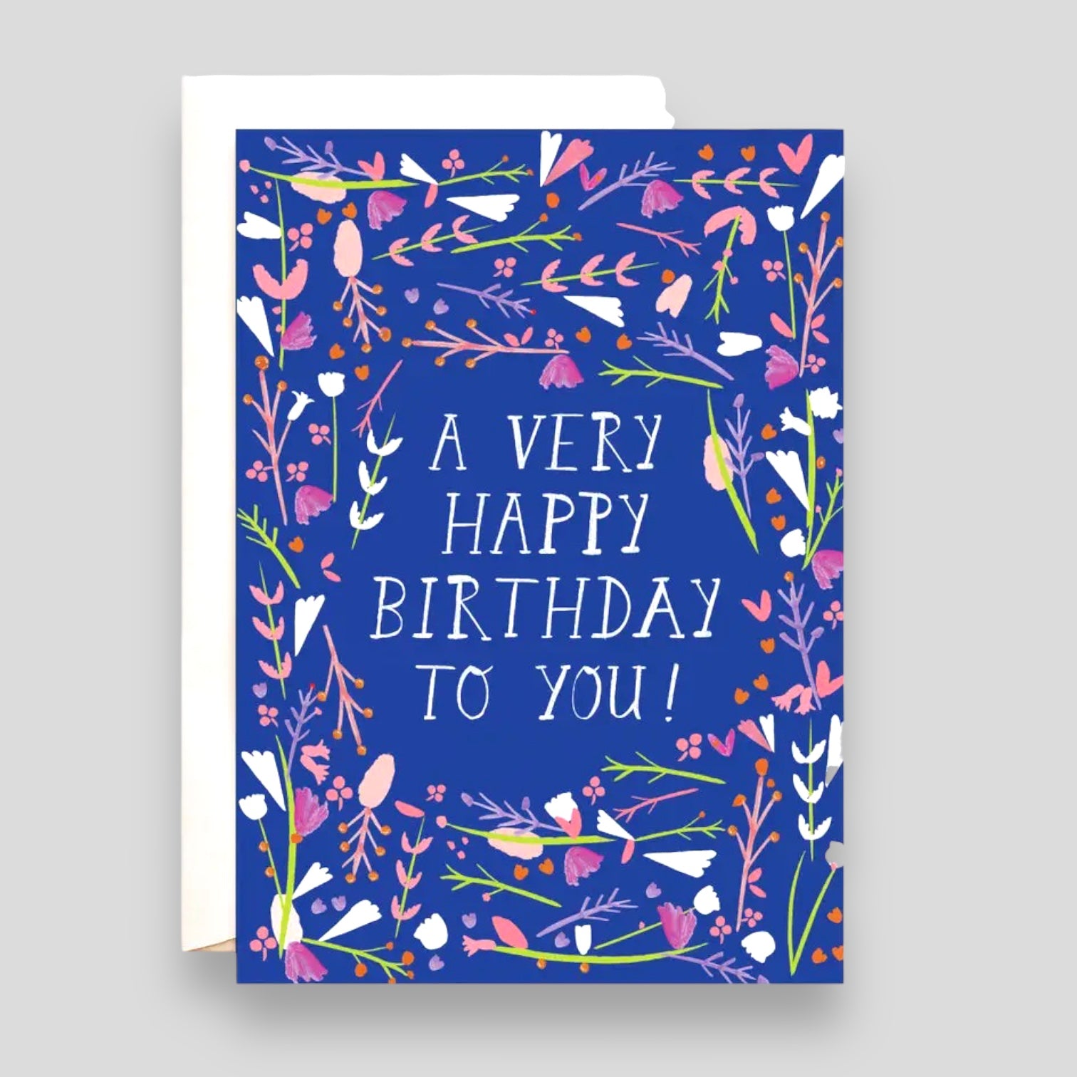 Greeting Card: Happy Birthday to You!. Blue background with floral illustrations.