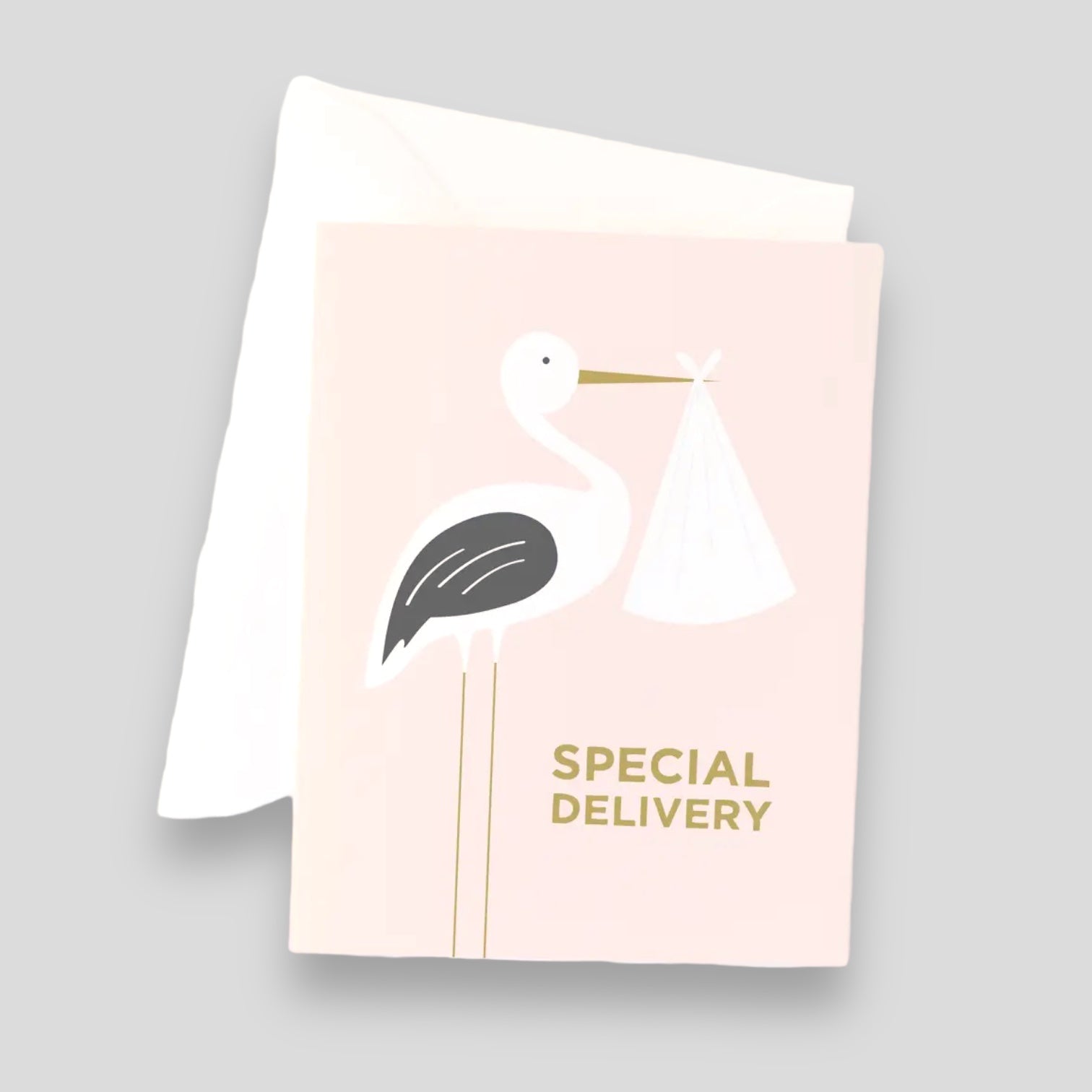 Greeting Card: Special Delivery. Pink card with illustration of stork holding a package.