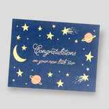 Greeting Card: Congratulations on Your New Little Star. Blue card with yellow stars and planet illustrations.