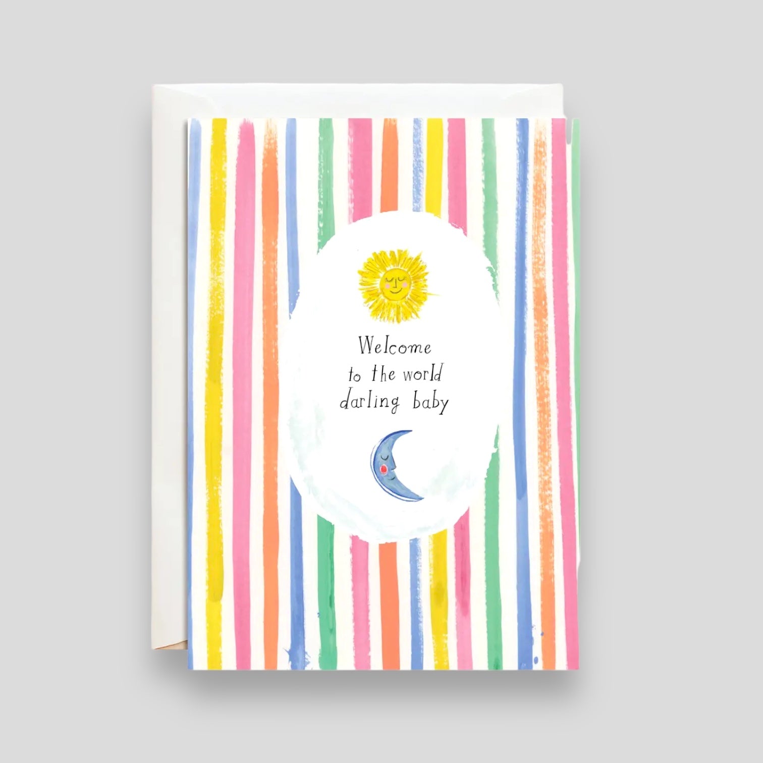 Greeting Card:Welcome to the World darling baby. Featuring illustrations of vertical multicolor stripes and a sun and a moon.