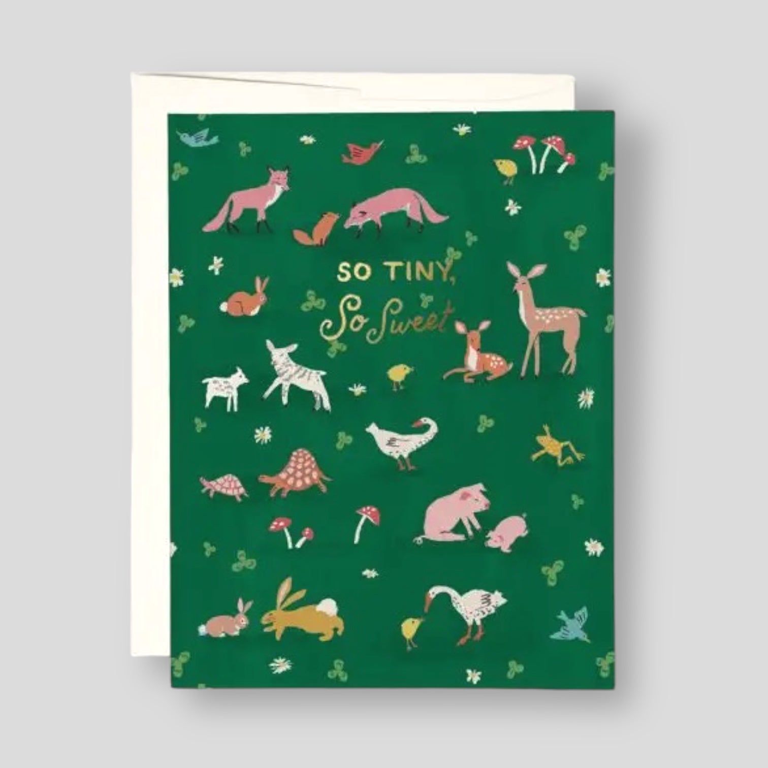 Greeting Card: Tiny Animals Baby. Green card with illustrations of forest animals.