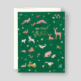 Greeting Card: Tiny Animals Baby. Green card with illustrations of forest animals.
