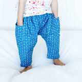Comfortable Cotton Beige Harem Pants for Babies and Kids (shown in blue for fit reference).