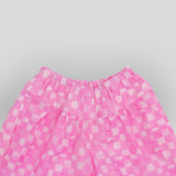 OEKO-TEX Certified Soft Cotton Pink Checkerboard Culotte Pants. Detail view.