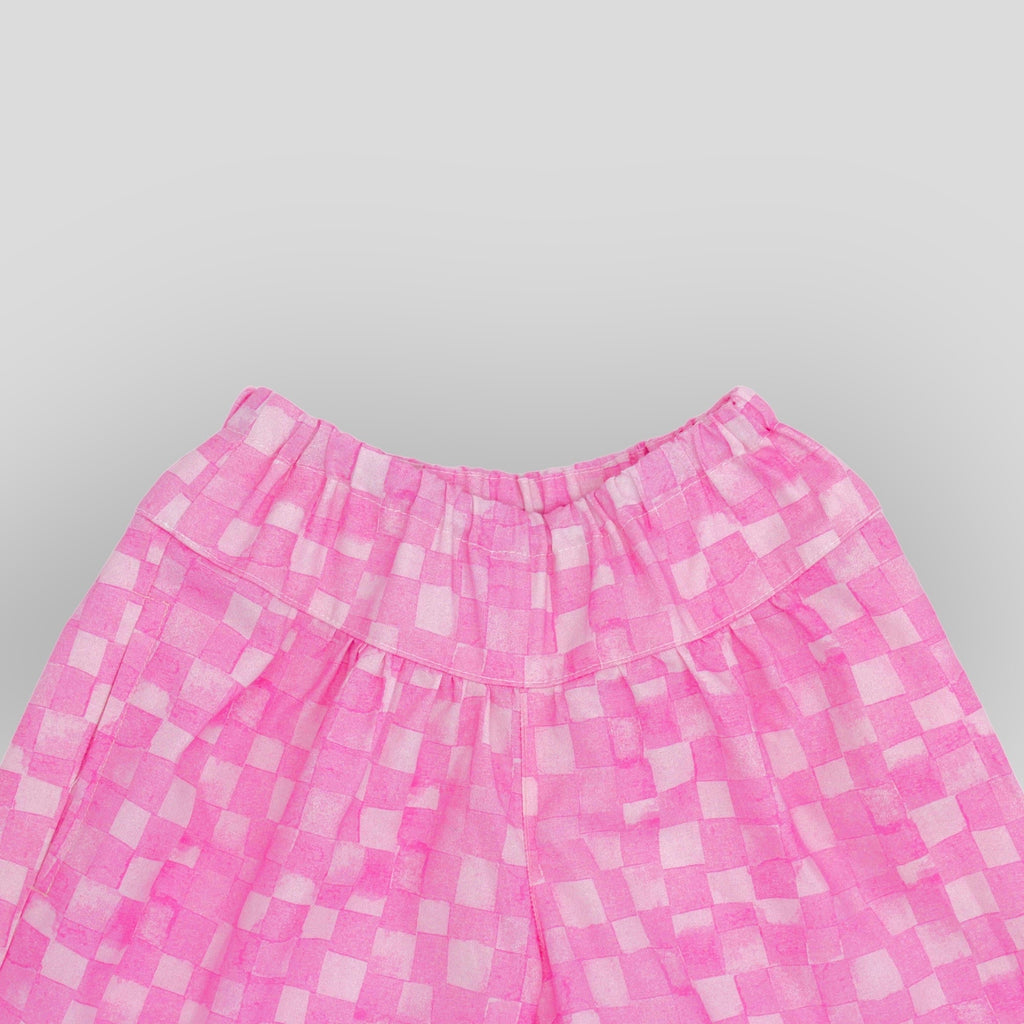 OEKO-TEX Certified Soft Cotton Pink Checkerboard Culotte Pants. Detail view.
