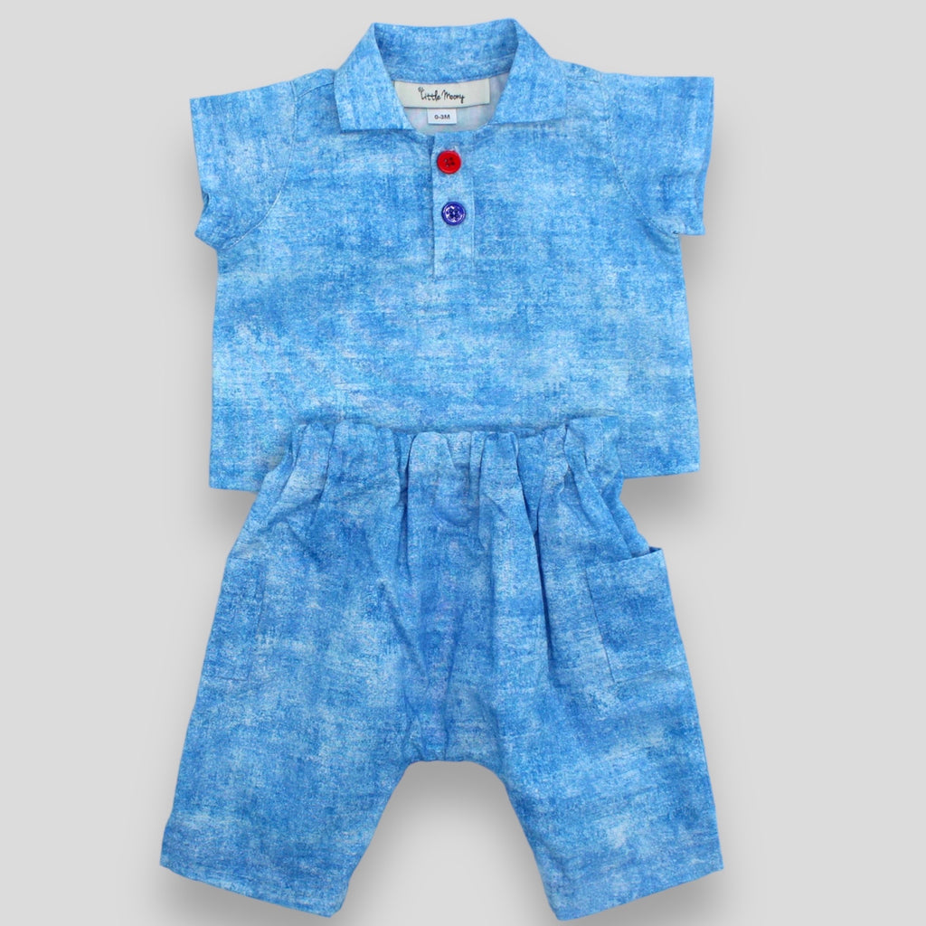 Cotton Blue Harem Trousers for Babies and Kids with Acid Wash Effect. Shown with matching Polo Shirt.