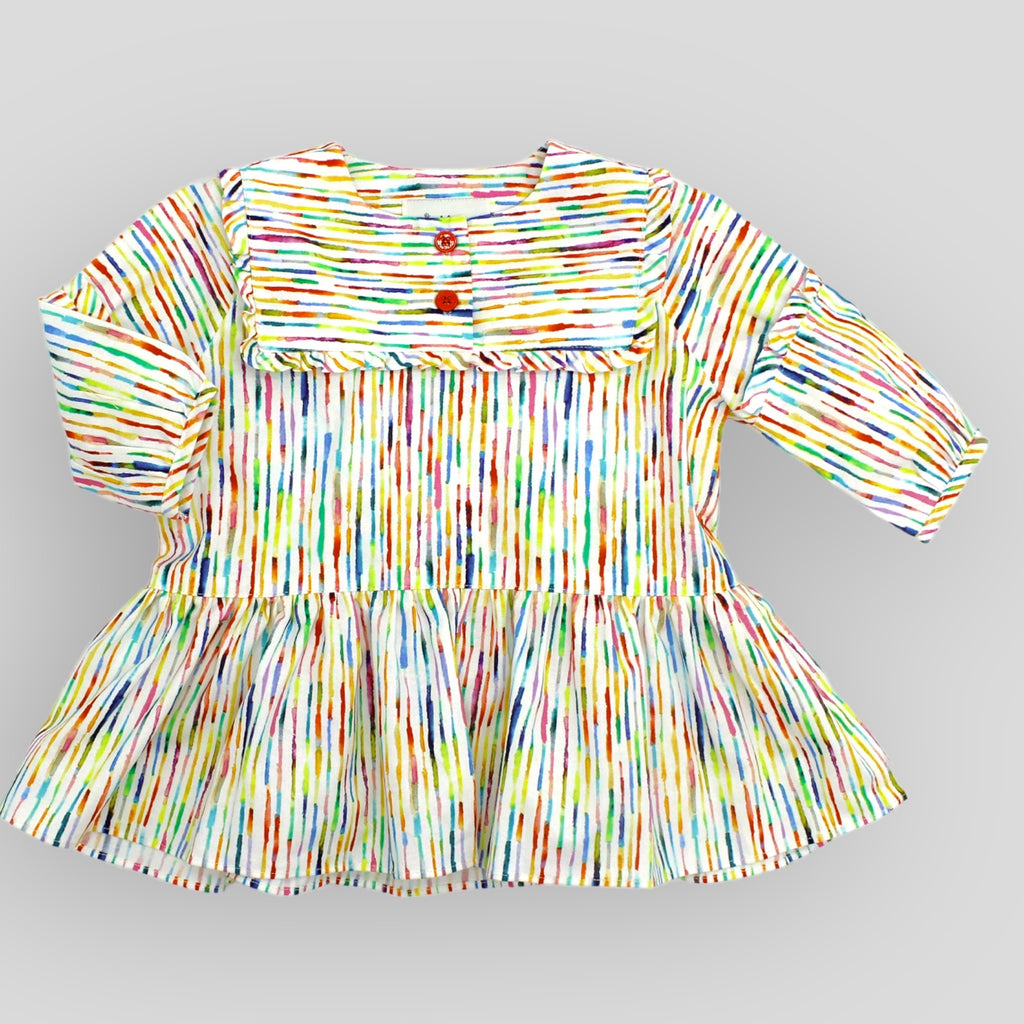 Cotton Stripe Baby Ruffle Dress with Long Sleeves for Babies and Kids. Front view.