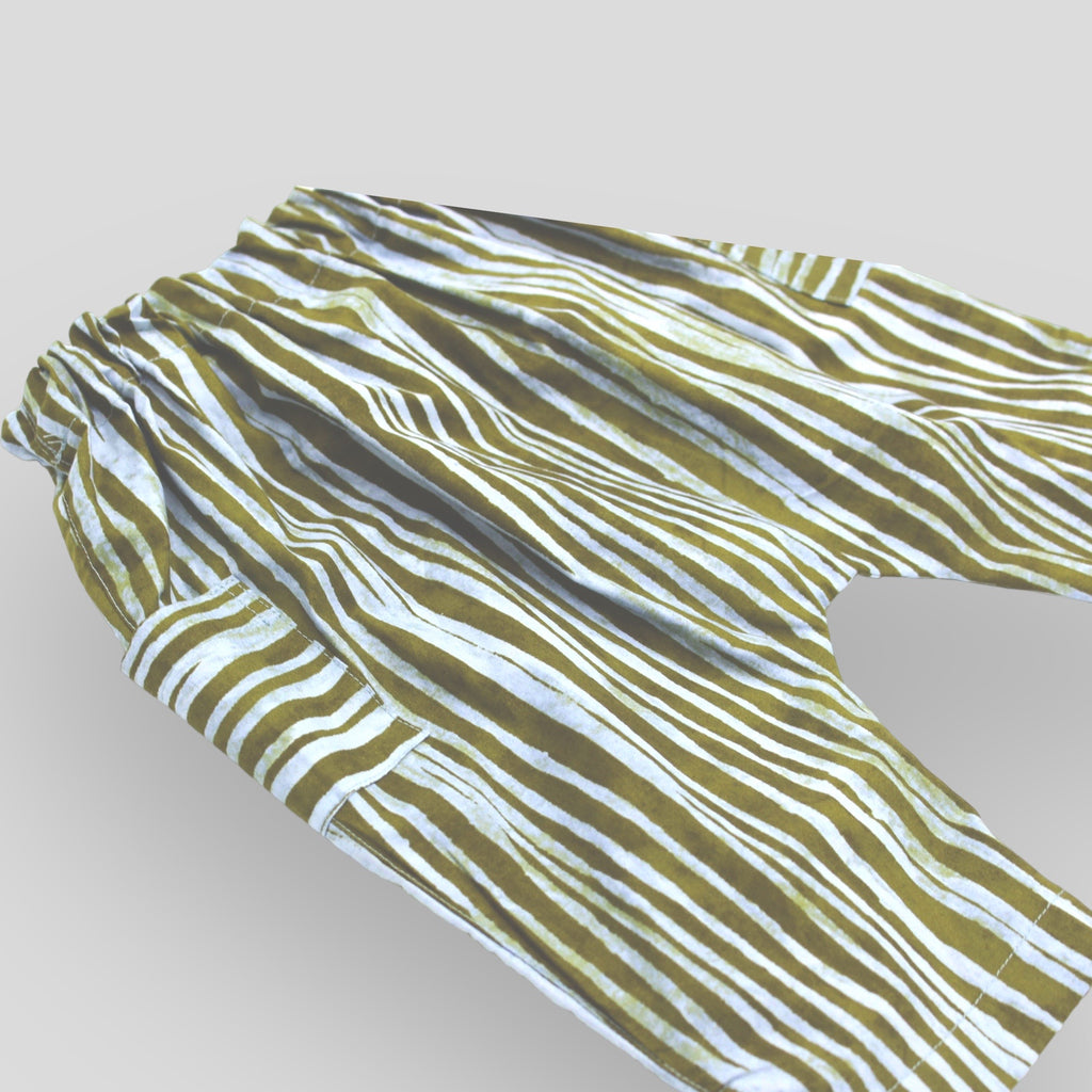 Cargo Style Cotton Harem Trousers in Brown and Grey Water Edge Line. Side view.