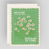 Greeting Card: Wild World Baby Greeting Card. Green card with illustrations of white flowers. 