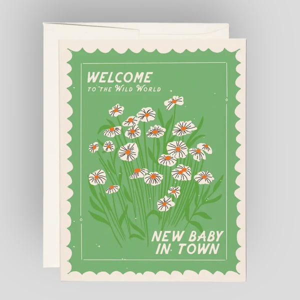 Greeting Card: Wild World Baby Greeting Card. Green card with illustrations of white flowers. 