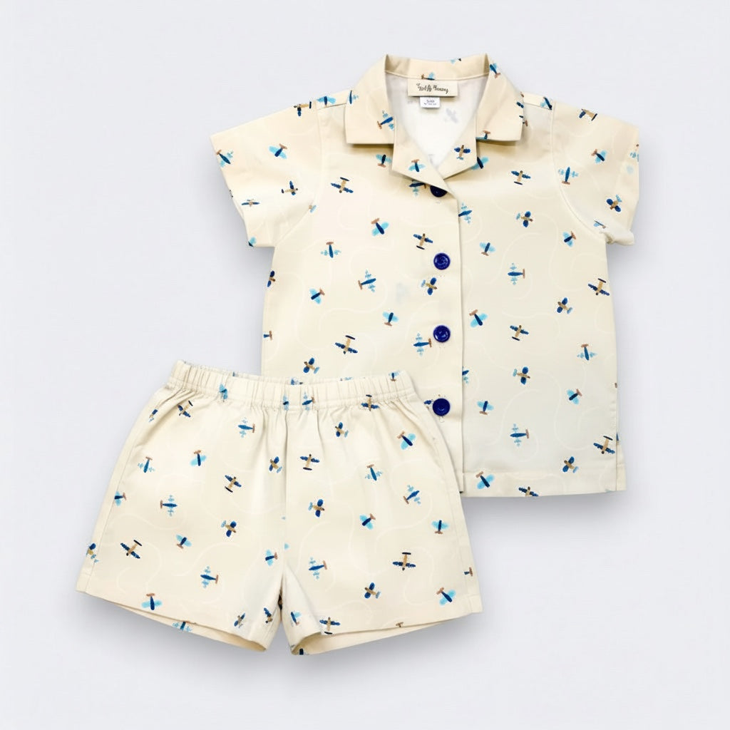 2-Piece Cotton Airplane Camp Set for babies and toddlers by Little Moony — short-sleeve button-up shirt and pull-on shorts in 100% cotton
