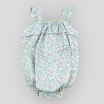 Blue Cotton Petite Fleur Bubble Romper for Baby Girls. Front view.
