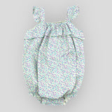 Blue Cotton Petite Fleur Bubble Romper for Baby Girls. Front view.