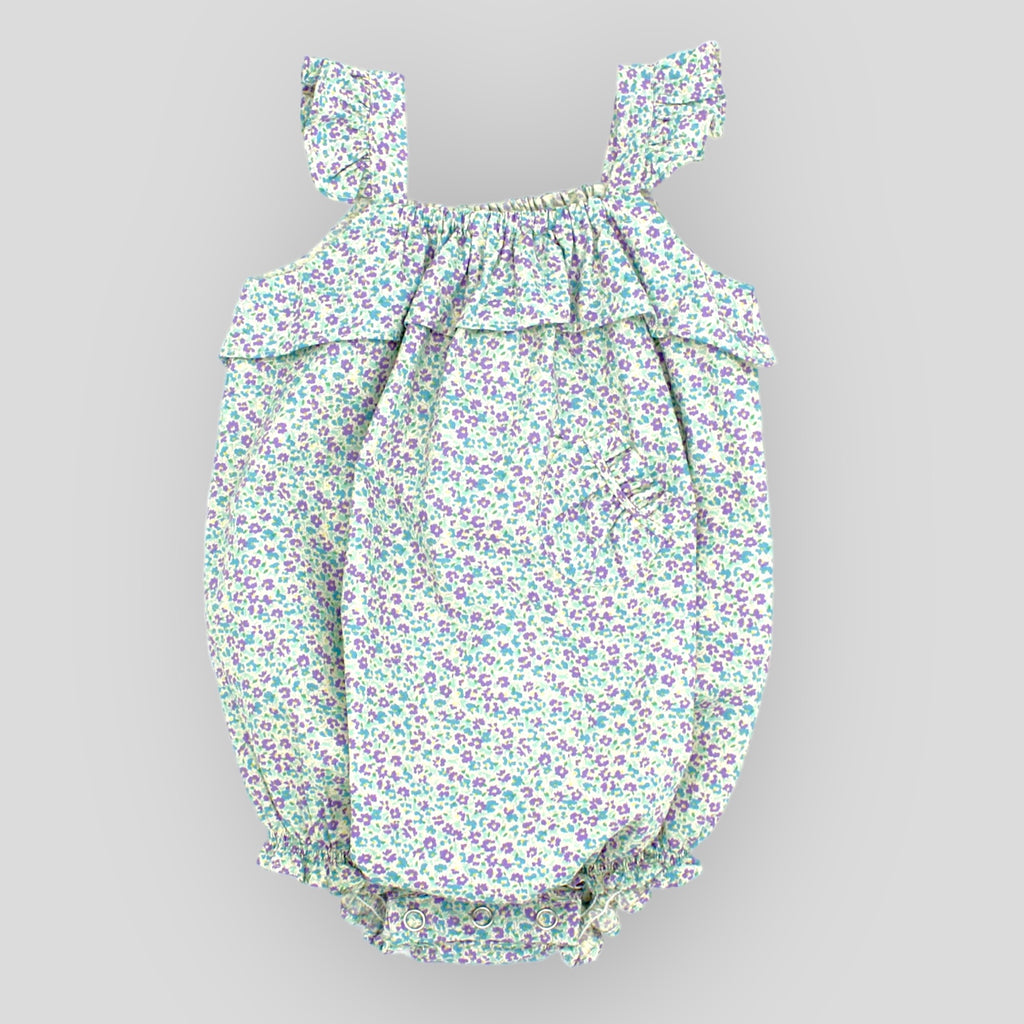 Blue Cotton Petite Fleur Bubble Romper for Baby Girls. Front view.