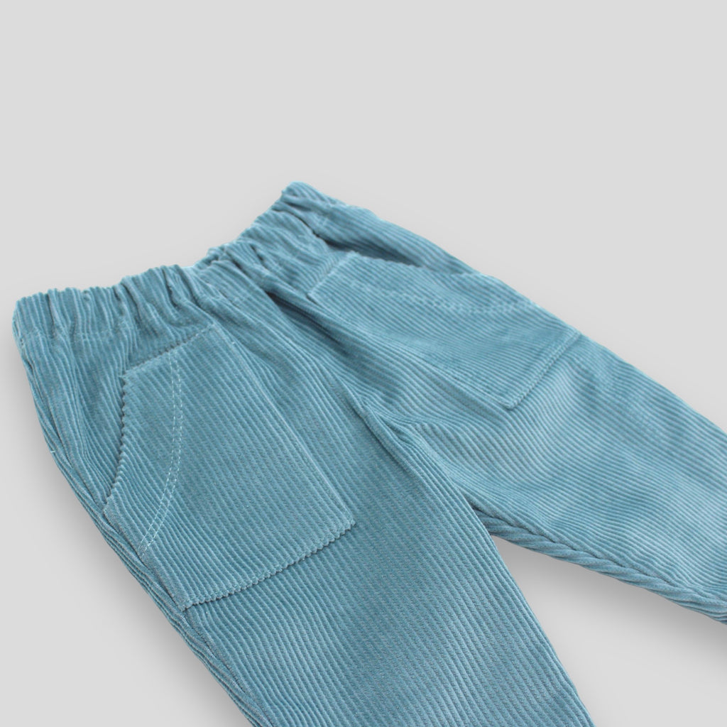 Kids' and Baby Cotton Corduroy Pants - Rain Blue with Front Pocket. Detail view.