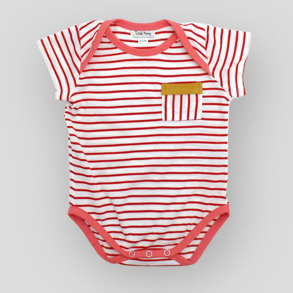 Organic Cotton Red and White Stripe Bodysuit. Front View
