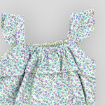 Blue Cotton Petite Fleur Bubble Romper for Baby Girls. Detail view of ruffle sleeves.