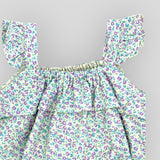 Blue Cotton Petite Fleur Bubble Romper for Baby Girls. Detail view of ruffle sleeves.