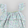 Blue Cotton Petite Fleur Bubble Romper for Baby Girls. Detail view of ruffle sleeves.