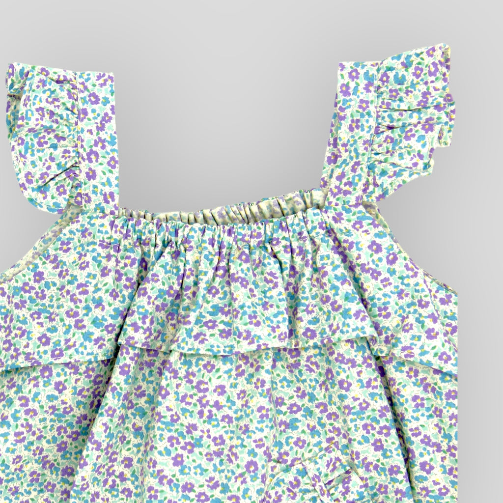 Blue Cotton Petite Fleur Bubble Romper for Baby Girls. Detail view of ruffle sleeves.