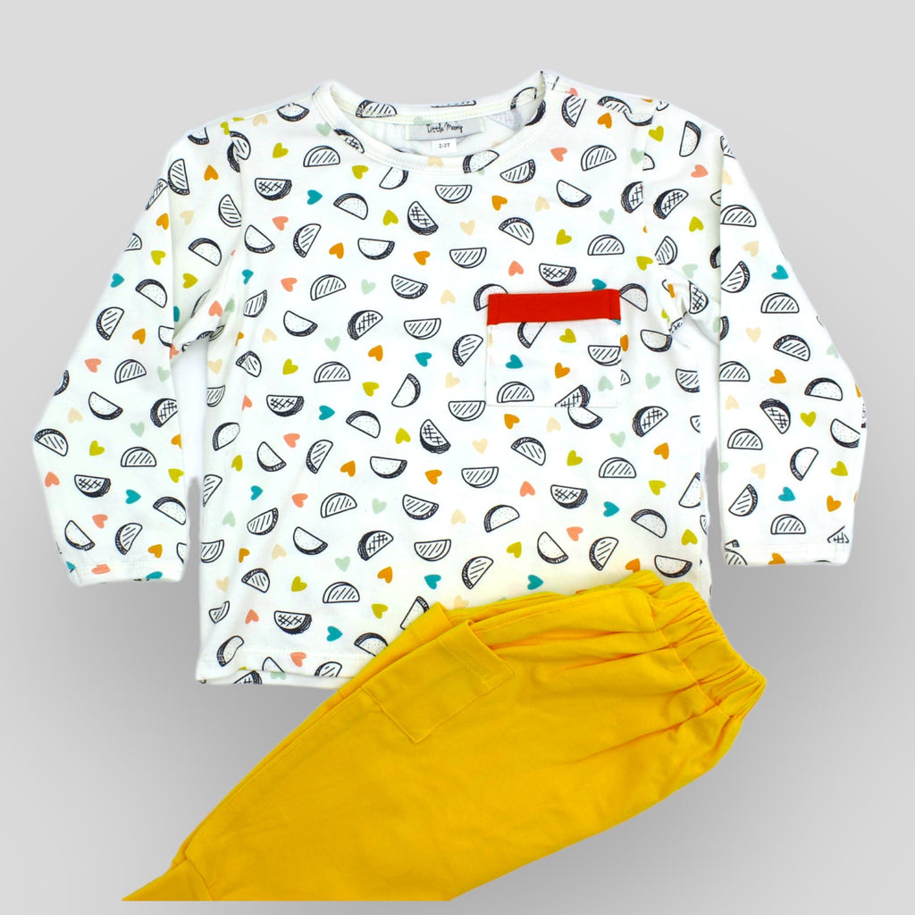 Cotton Knit Taco Print Long Sleeve Shirt for Babies and Kids. Shown with mustard jogger pants for inspiration.