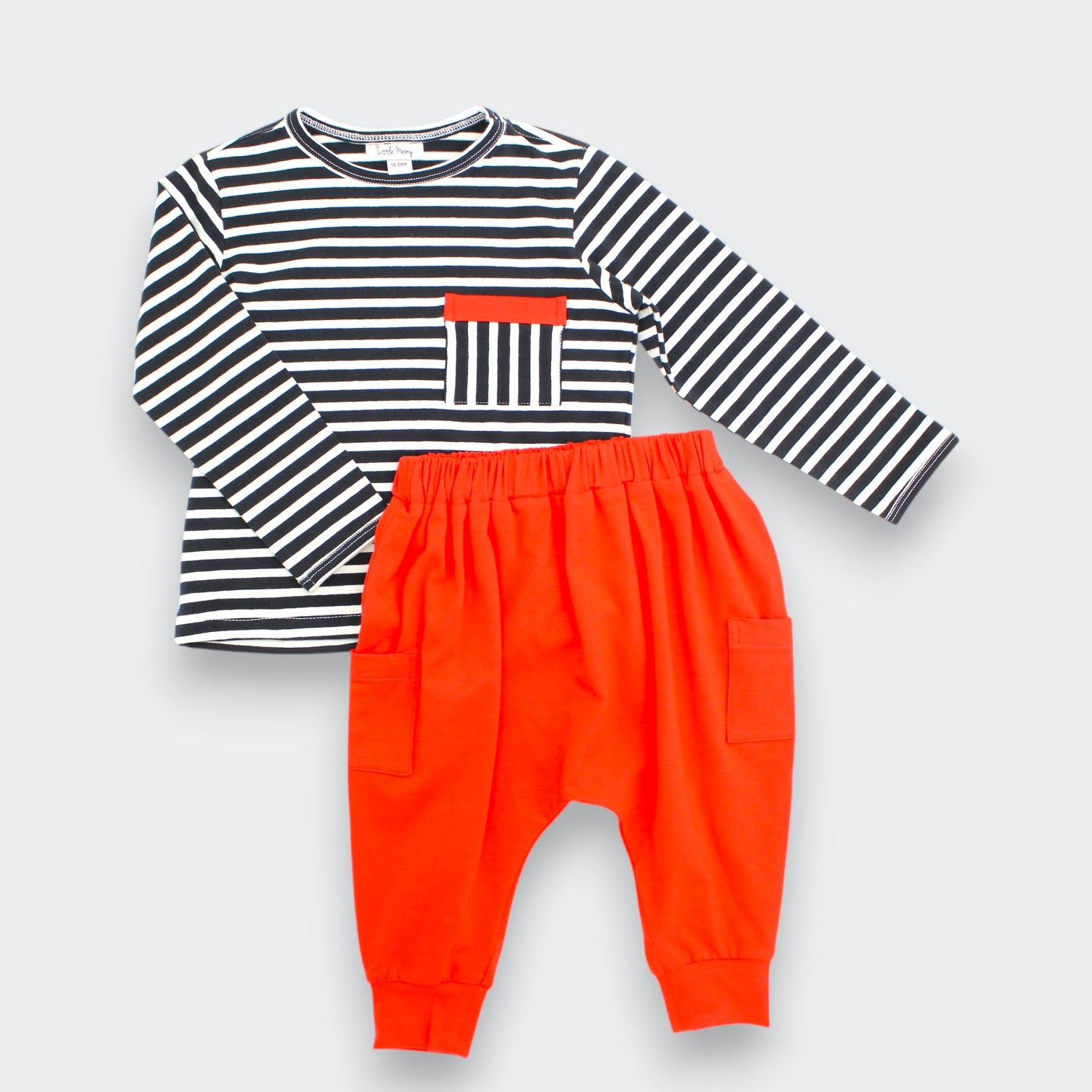 Little Moony Black Striped Long Sleeve Cotton Shirt with Red Jogger Pants for Toddlers
