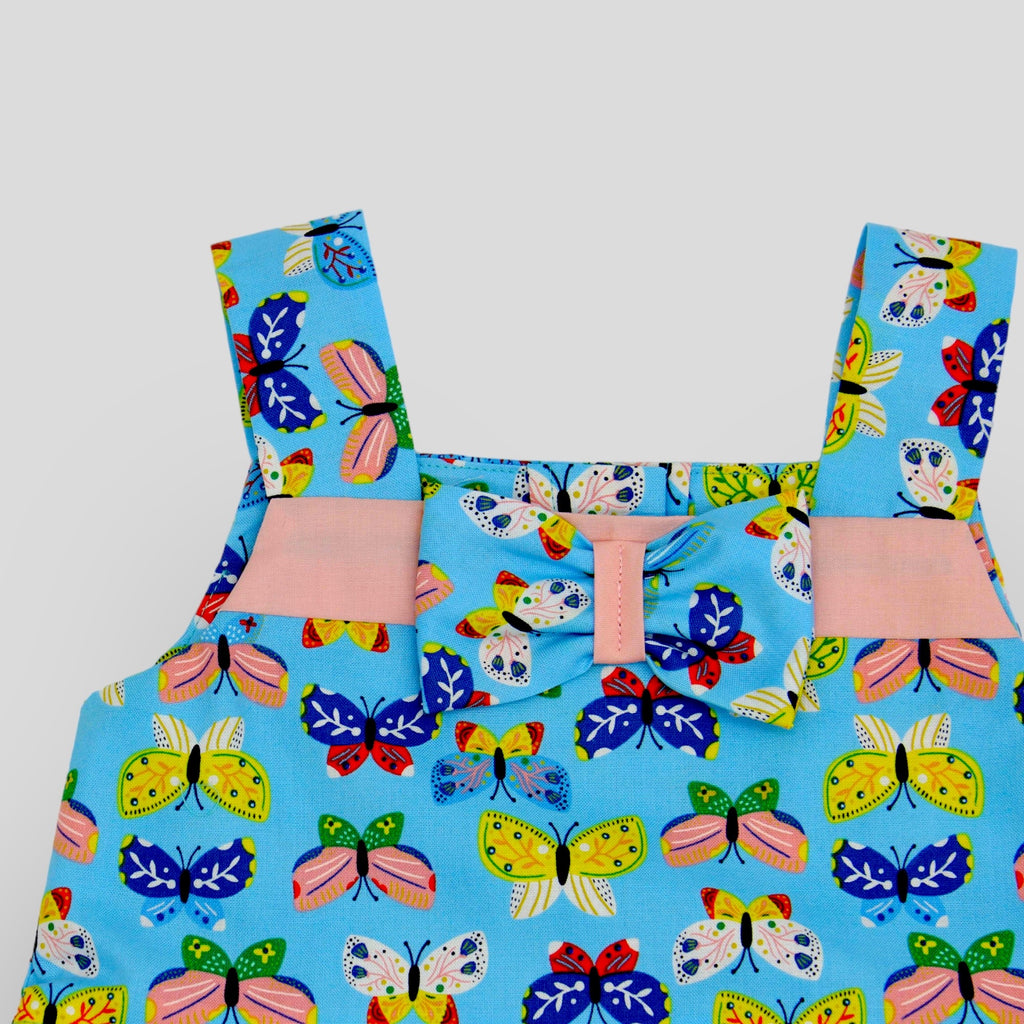 Cotton Sleeveless Dress  in Colorful Butterflies Print. Detail view.