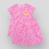 OEKO-TEX Certified Soft Cotton Pink Checkerboard Culotte Pants. Shown with matching dress.
