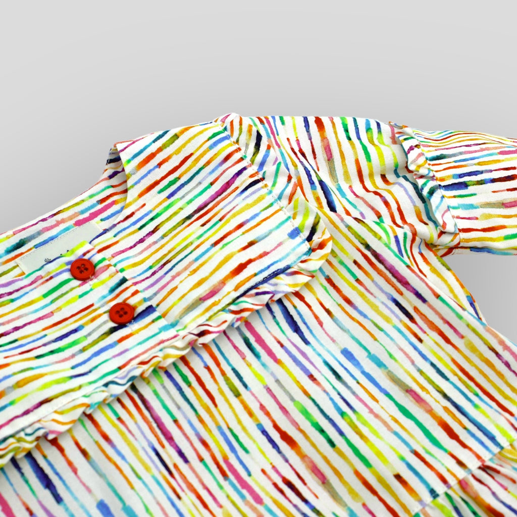 Cotton Stripe Baby Ruffle Dress with Long Sleeves for Babies and Kids. Detail view of buttons.
