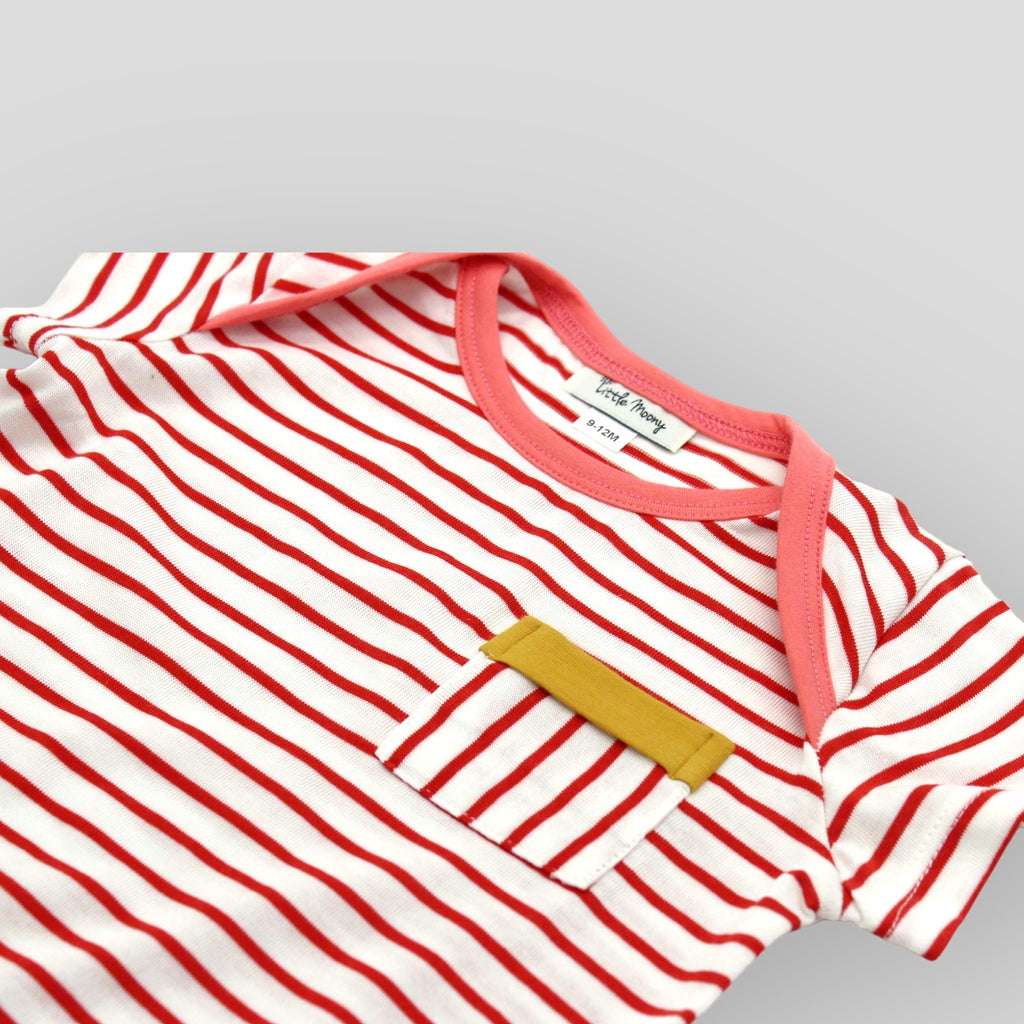 Organic Cotton Red and White Stripe Bodysuit Detail View of front pocket