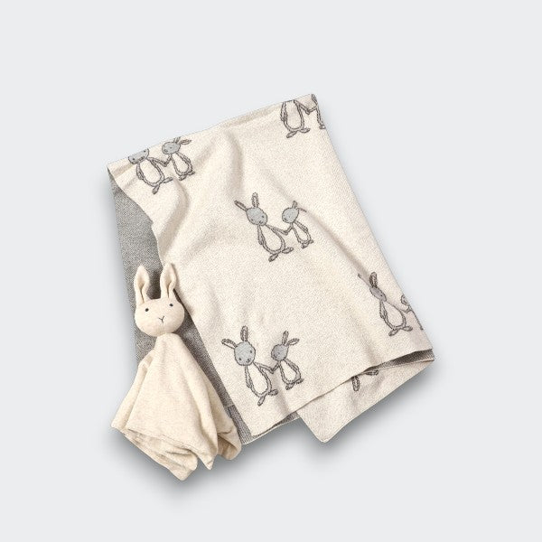 Little Moony Organic knit baby gift set featuring a soft cotton blanket and bunny lovey for babies