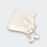 Little Moony Organic knit baby gift set featuring a soft cotton blanket and bunny rattle for babies.