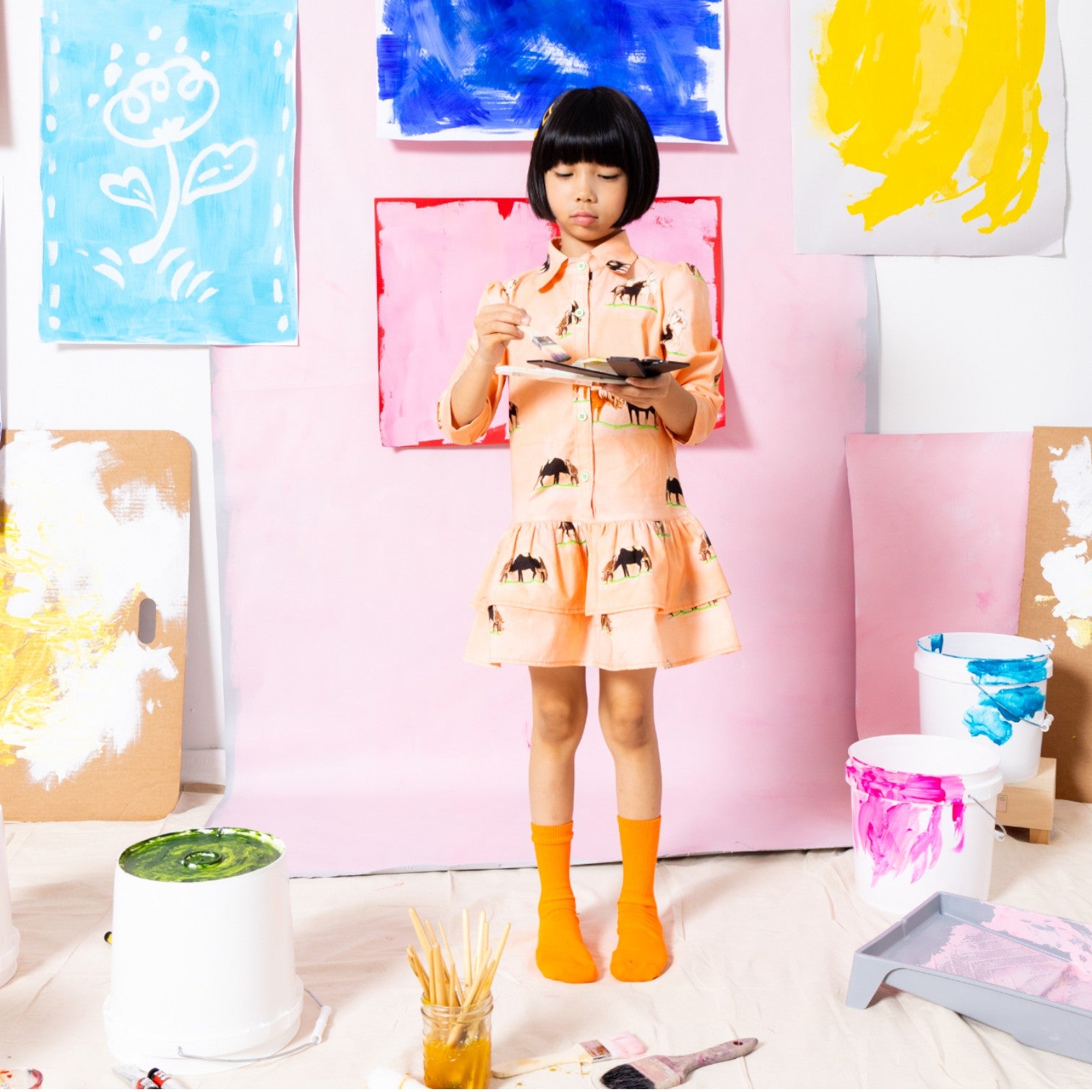 Horse print tiered shirt dress for girls in peach with contrast buttons, Little Moony