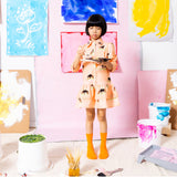Horse print tiered shirt dress for girls in peach with contrast buttons, Little Moony