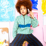 Boy wearing little moony green wavy check shirt zippered jacket paire with striped pants
