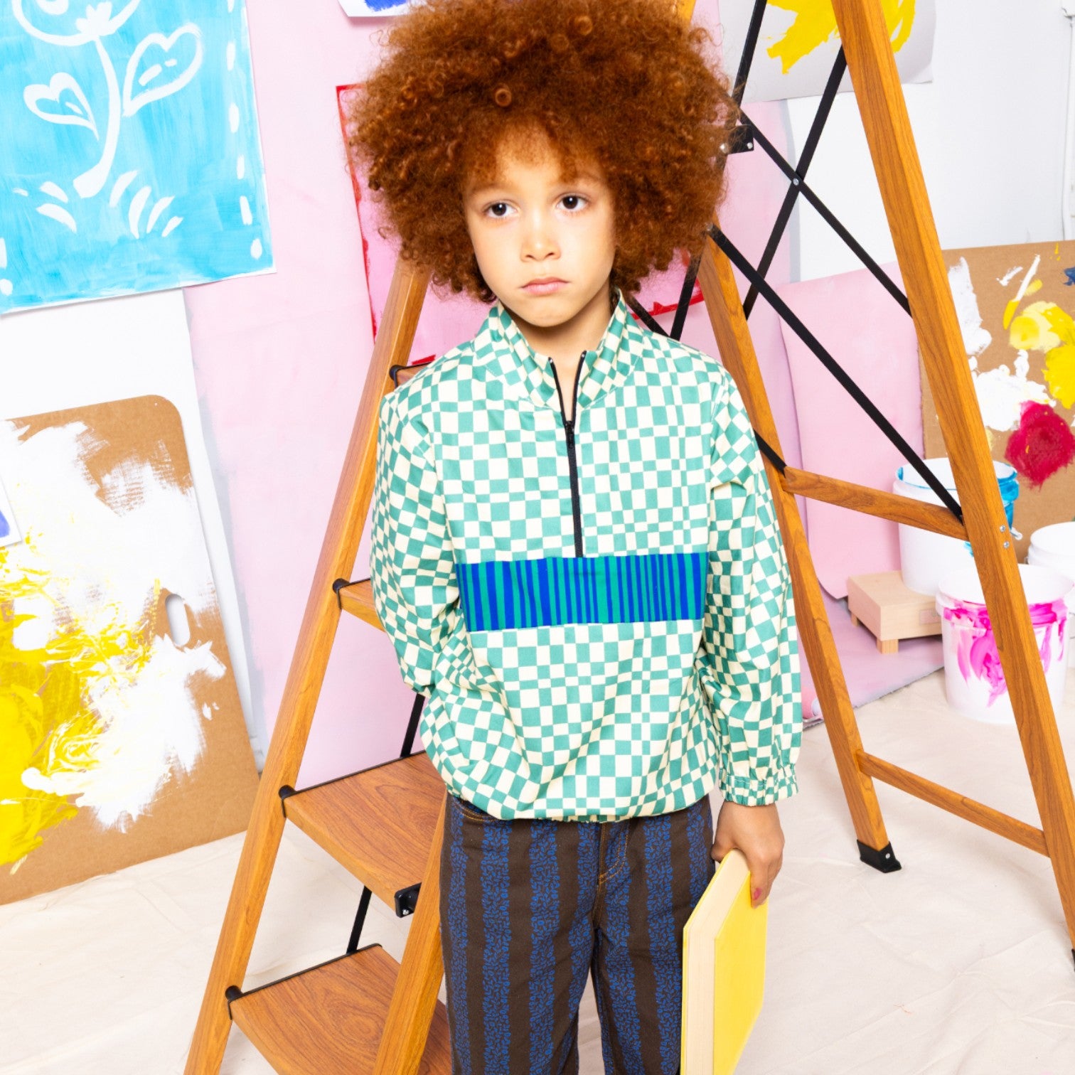 Boy in Green Little Moony Wavy Check Shirt-Jacket (Zip)