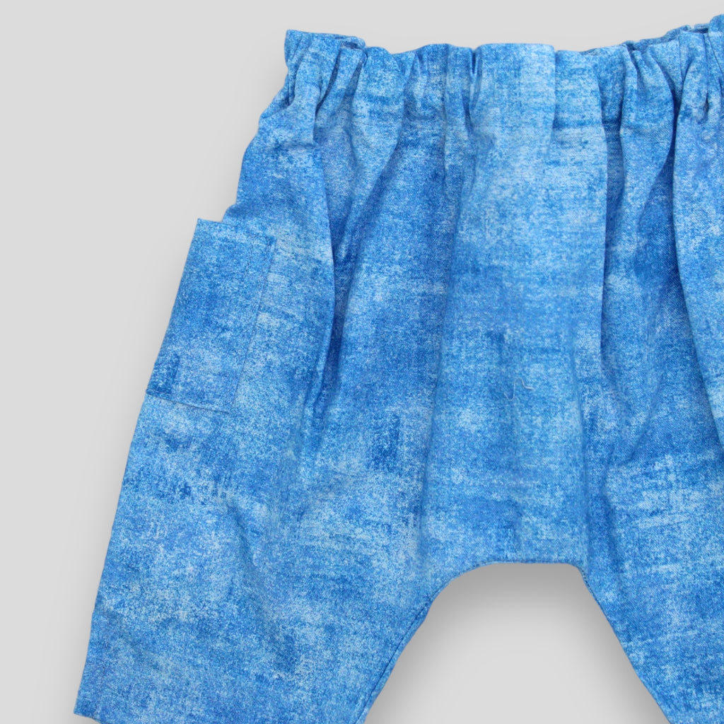Cotton Blue Harem Trousers for Babies and Kids with Acid Wash Effect. 