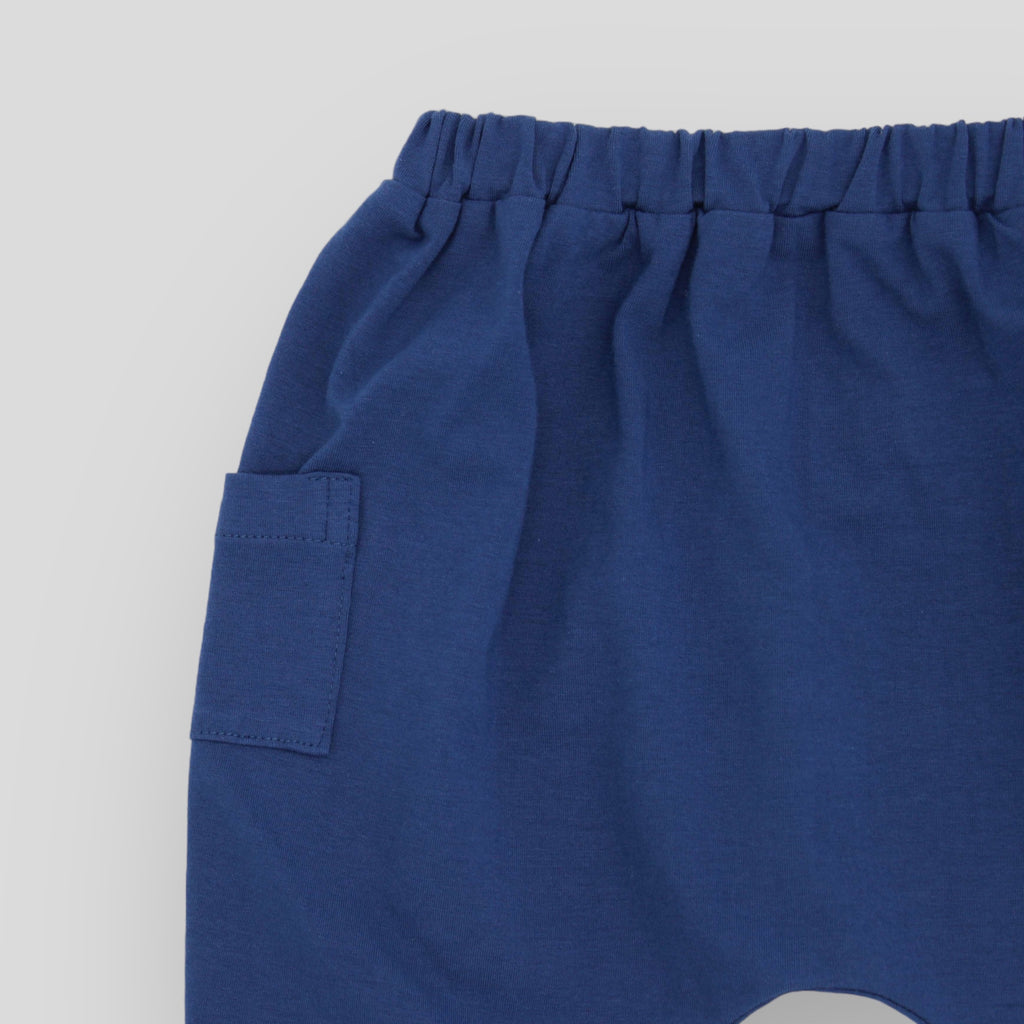 Cozy Night Sea Blue Cotton Knit Jogger Pants. Detail view of side pocket.