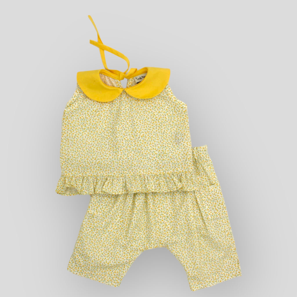 Yellow Petite Fleur Cotton Harem Pants for Babies and Kids. Shown with matching top.